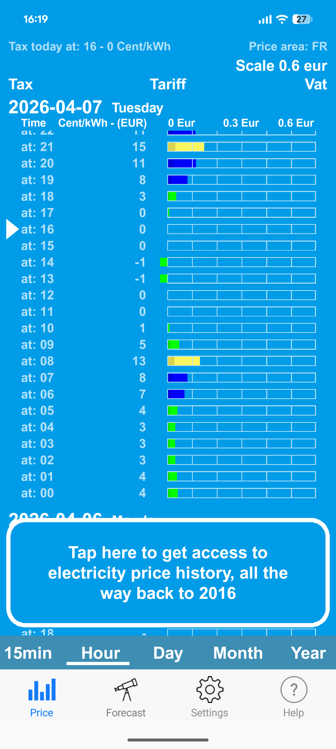 Electricity price app screenshot