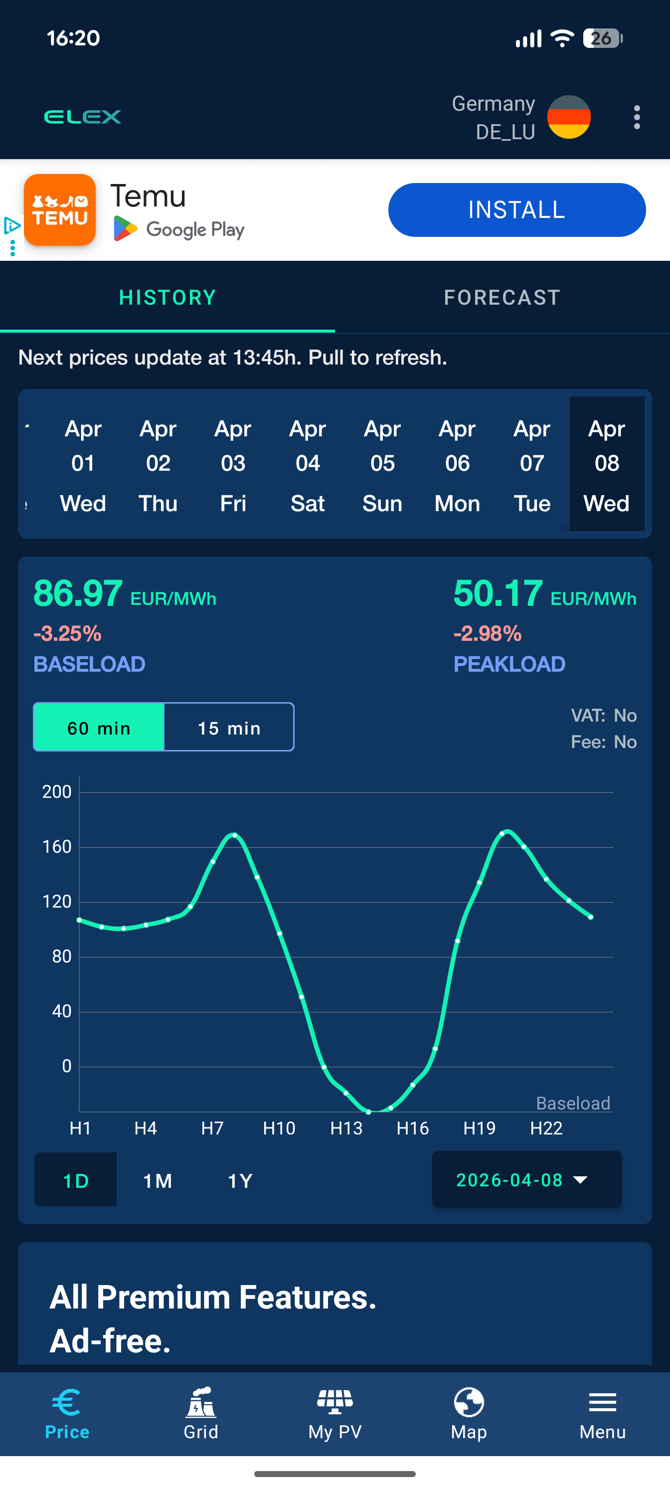 Electricity price app screenshot