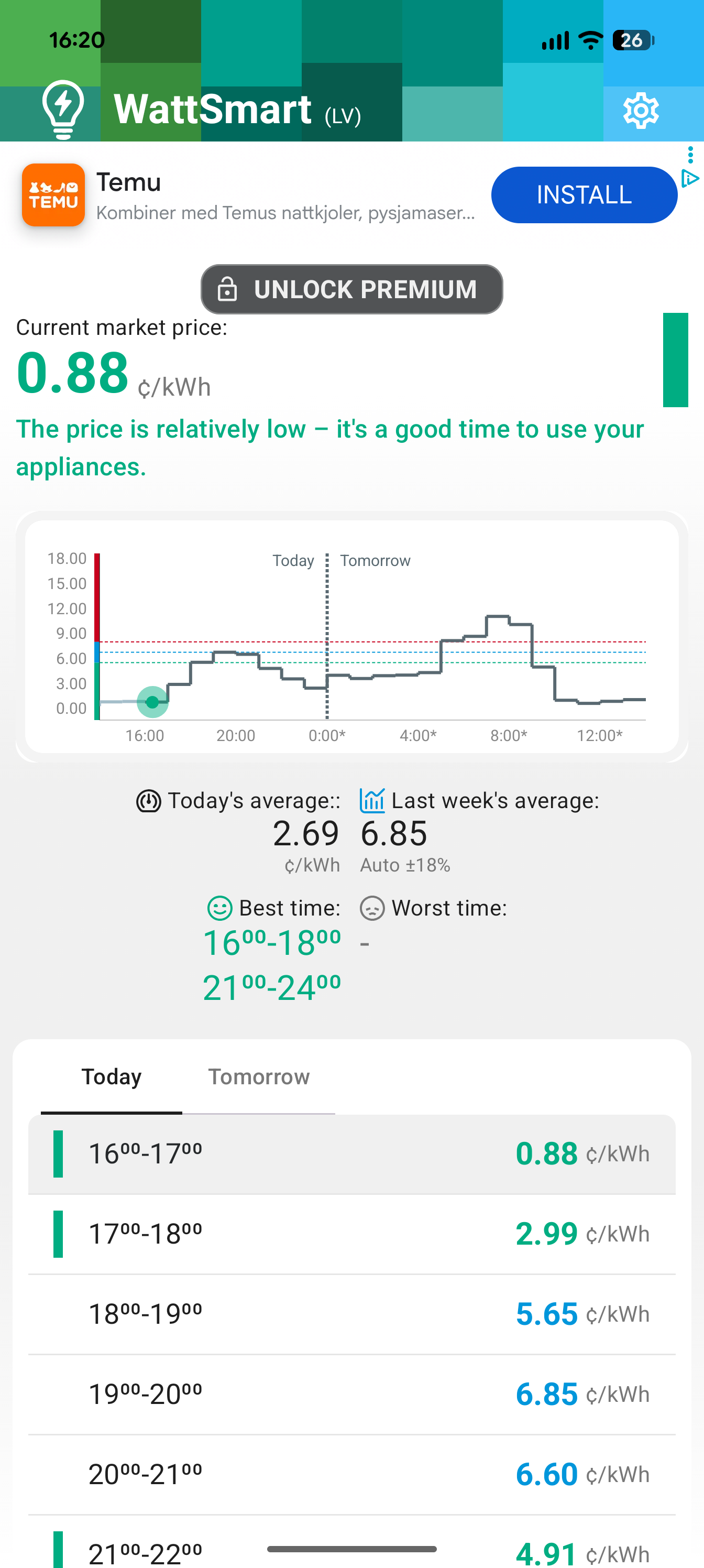 Electricity price app screenshot